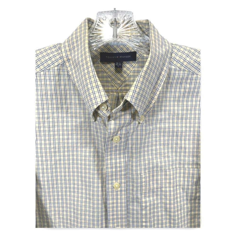 Tommy Hilfiger Mens Plaid Button Down Shirt Yellow Blue Long Sleeve Size L 16.5